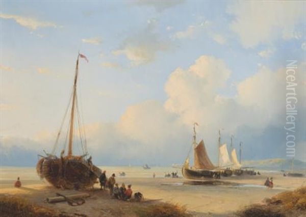 Fisherfolk With Beached Vessels Oil Painting by Andreas Schelfhout