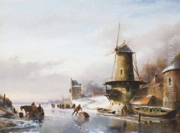 Winter Landscape With Skaters By A Mill by Andreas Schelfhout