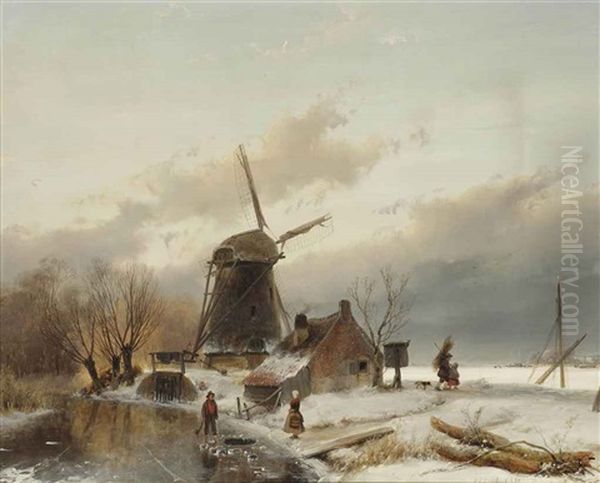 A Winter Landscape With A Windmill Oil Painting by Andreas Schelfhout