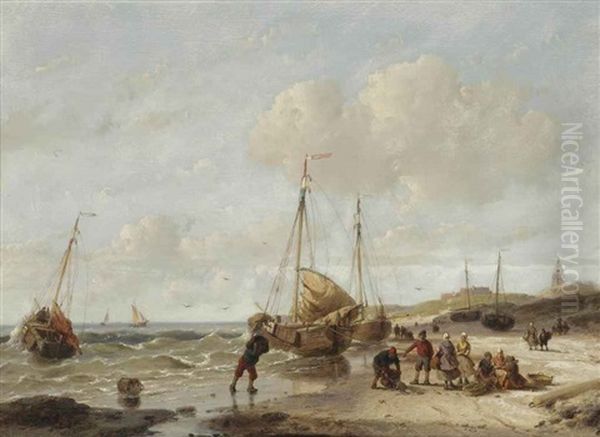 Fisherfolk On The Beach Of Scheveningen Oil Painting by Andreas Schelfhout