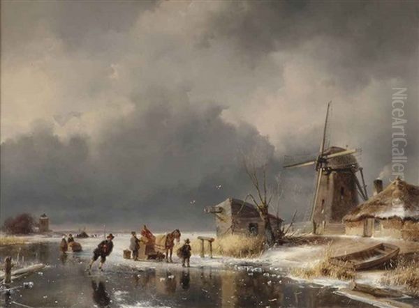 A Horse-drawn Sleigh And Towns People On A Frozen Waterway Oil Painting by Andreas Schelfhout