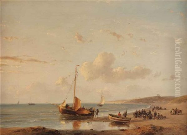 A Moored Fishing Vessel On The Beach Of Scheveningen, With Pavilion Von Wied In The Distance Oil Painting by Andreas Schelfhout