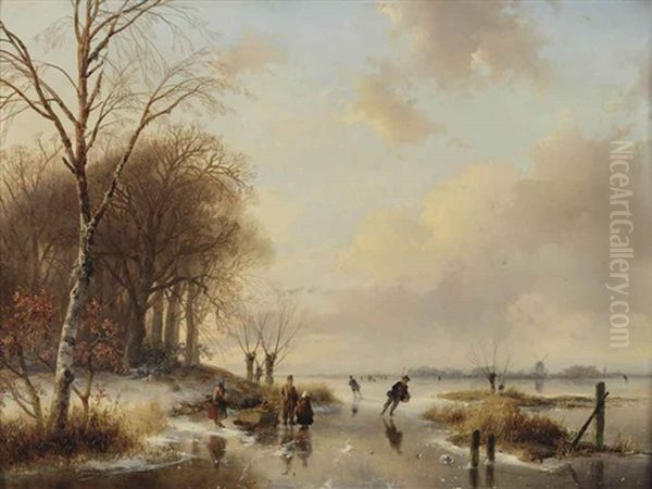 A Winter Landscape With Some Figures Gathering Wood Oil Painting by Andreas Schelfhout