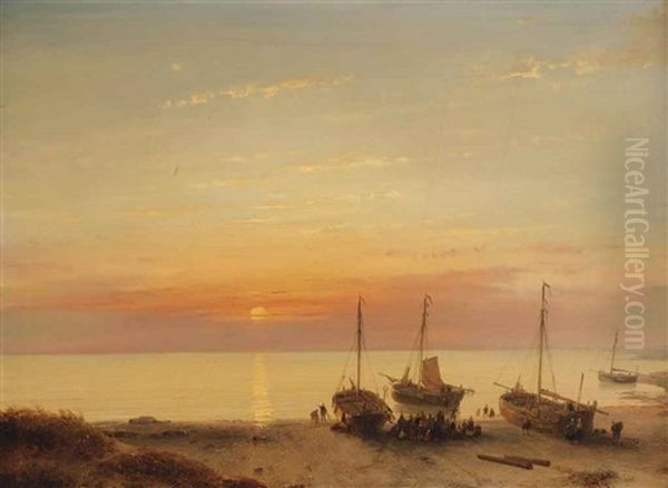 Moored Ships On The Beach At Sunset Oil Painting by Andreas Schelfhout