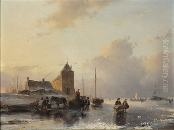 Winter Estuary Scene, Sunset Oil Painting by Andreas Schelfhout