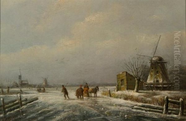 Winter Landscape With Passers-by Oil Painting by Andreas Schelfhout