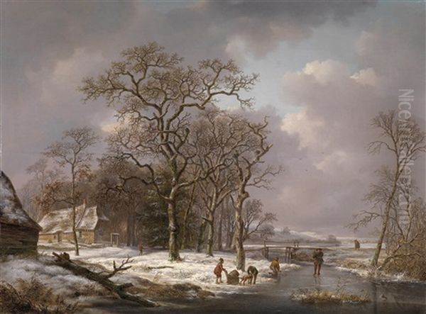 Winterlandschaft Mit Figurlicher Staffage Oil Painting by Andreas Schelfhout