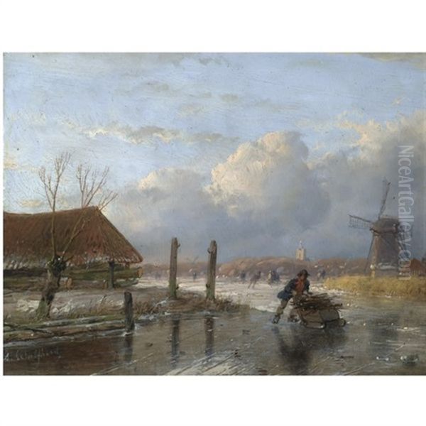 A Wood Gatherer On A Frozen Waterway, Skaters In The Distance Oil Painting by Andreas Schelfhout