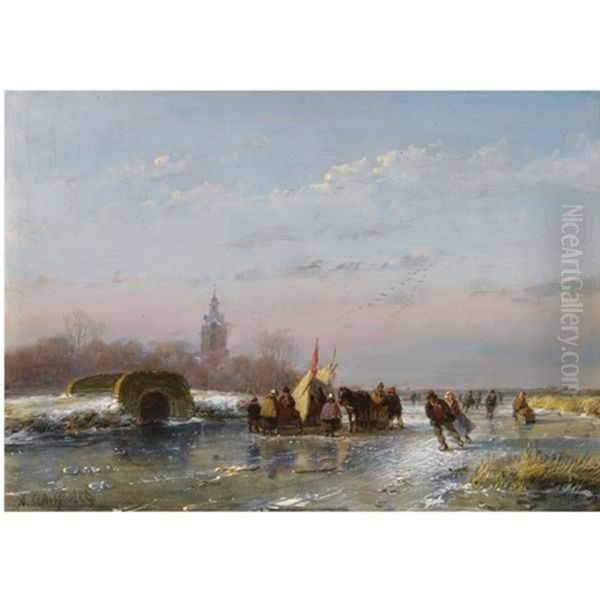 A Frozen Waterway With Skaters By A Refreshment Stall Oil Painting by Andreas Schelfhout