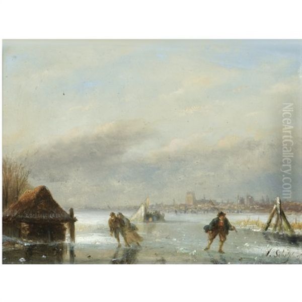 A Winter Landscape With Skaters On The Ice Oil Painting by Andreas Schelfhout