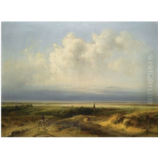 A Horseman In A Panoramic Landscape Oil Painting by Andreas Schelfhout