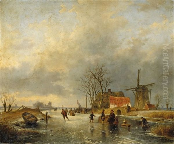 Winterlandschaft Mit Muhle Und Eislaufern Oil Painting by Andreas Schelfhout