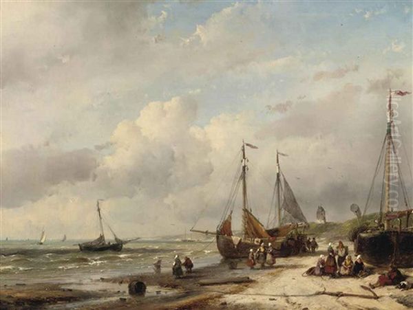 Fisherfolk And Bomschuiten On The Dutch Coast Oil Painting by Andreas Schelfhout