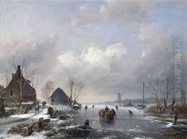 Skaters By A Hamlet On A Dutch Waterway Oil Painting by Andreas Schelfhout