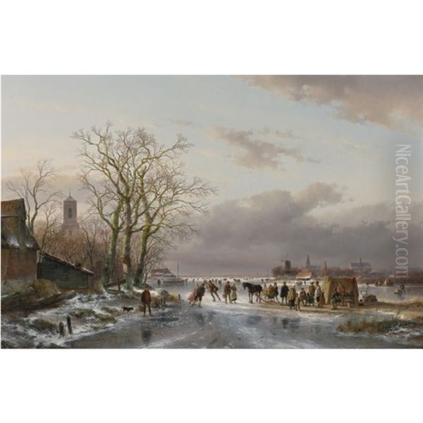 Numerous Skaters And A Horse-sledge By A Refreshment Stall, A Town In The Distance Oil Painting by Andreas Schelfhout