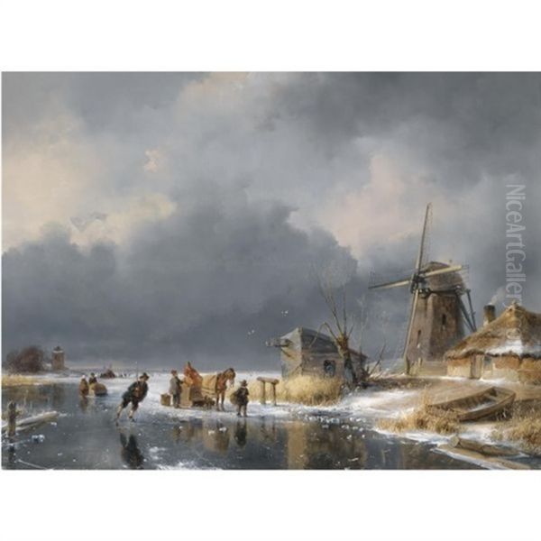 A Winter Scene With Figures And A Horse Sledge By A Mill, A Refreshment Stand In The Background Oil Painting by Andreas Schelfhout