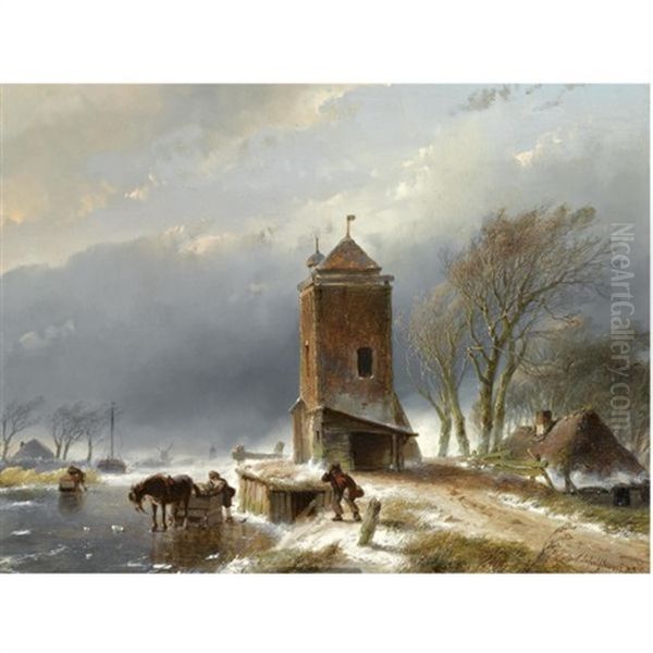 A View Of A Frozen Canal With Figures Near A Horse Drawn Sledge Oil Painting by Andreas Schelfhout