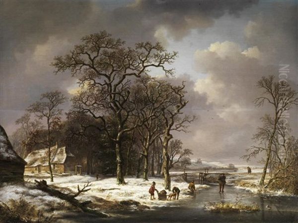 Winterlandschaft Mit Kahlen Eichenbaumen An Einem Zugefrorenen Flusslauf Mit Brucke Und Figurenstaffage Oil Painting by Andreas Schelfhout