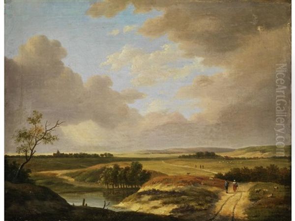 Weite Wiesenlandschaft Mit Teich, Figurenstaffage Und Dorf Mit Kirchturm Hinter Einem Waldchen Oil Painting by Andreas Schelfhout