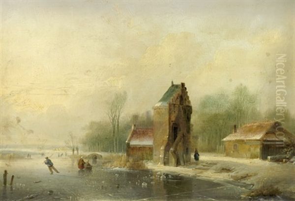 Winterlandschaft Mit Schlittschuhlaufern Bei Einem Dorf Oil Painting by Andreas Schelfhout