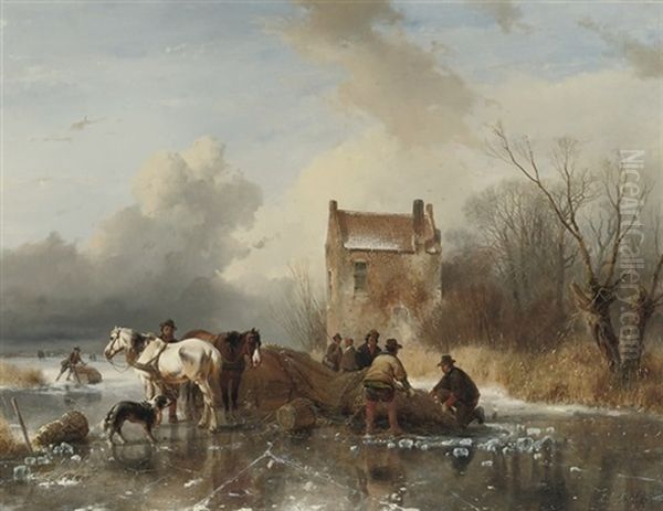 Ice Fishing: Hauling In The Nets On A Winter's Day (collab W/joseph Jodocus Moerenhout) Oil Painting by Andreas Schelfhout