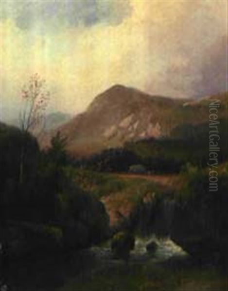 Landschaft Mit Reisendem Wildbach Und Planwagen Oil Painting by Andreas Schelfhout