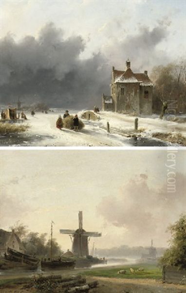 Summer - Figures By A Wharf (+ Winter - Figures On The Ice; Pair) Oil Painting by Andreas Schelfhout