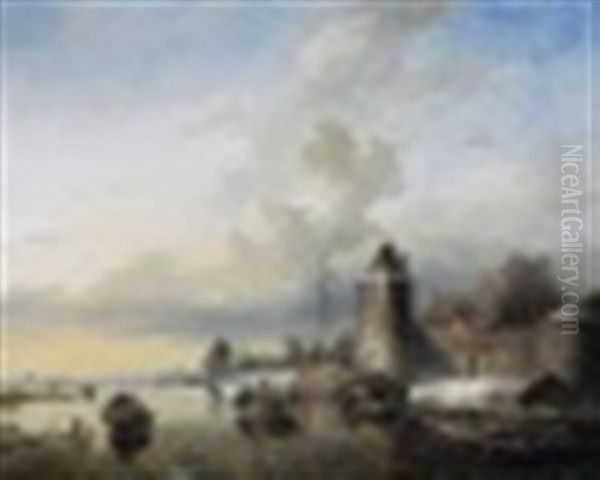 Winterliche Vereiste Fluslandschaft Vor Den Toren Einer Stadtanlage. Figurenstaffage Oil Painting by Andreas Schelfhout