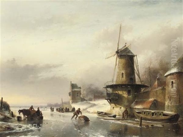 A Windmill By A Busy Frozen Waterway Oil Painting by Andreas Schelfhout