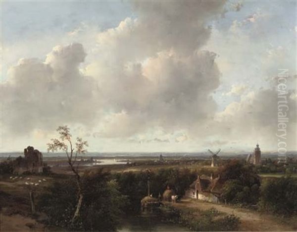 A Panoramic Summer Landscape With The Ruins Of Brederode Castle Near Haarlem Oil Painting by Andreas Schelfhout