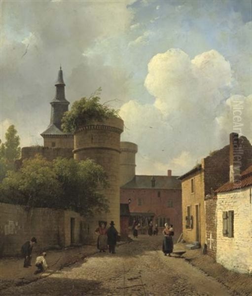 Playing Marbles In A Sunlit Dutch Town Oil Painting by Andreas Schelfhout