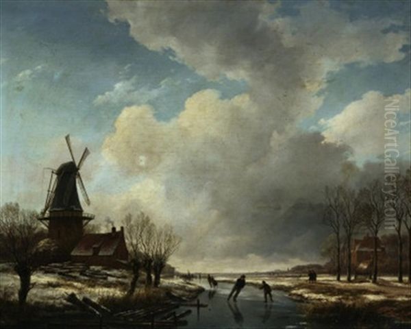 Hollandische Kanallandschaft Im Winter Oil Painting by Andreas Schelfhout