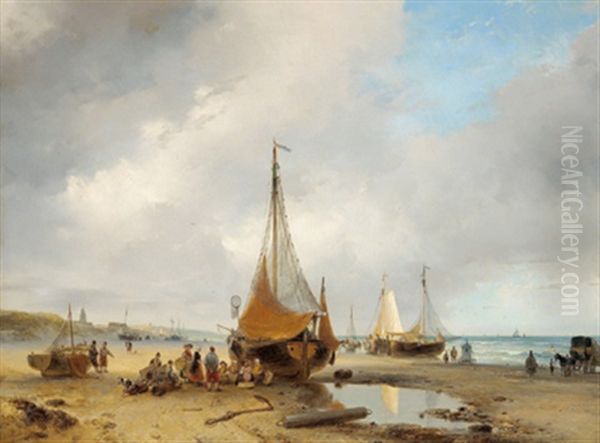 Fischerboote Am Strand Und Reiche Figurliche Staffage Oil Painting by Andreas Schelfhout