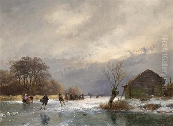 Skaters On A Frozen Waterway, A Koek En Zopie In The Distance Oil Painting by Andreas Schelfhout