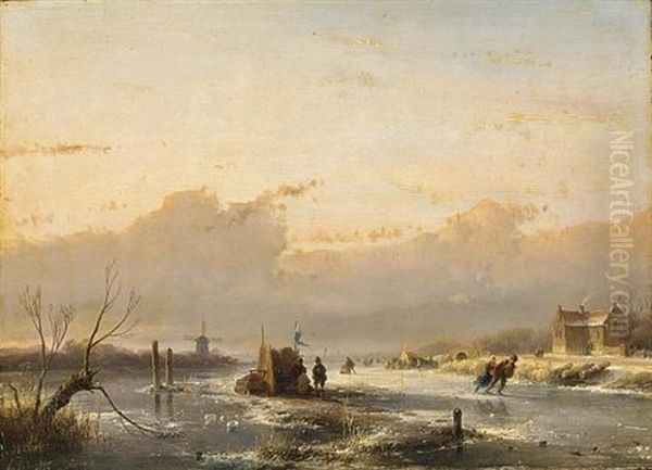 A Frozen River With Skaters And A Koek En Zopie Oil Painting by Andreas Schelfhout