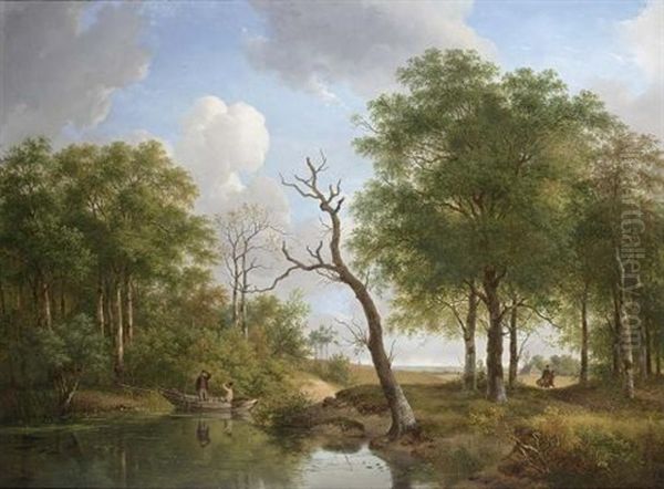 A Woodland Pond With Fishermen In A Rowing Boat Oil Painting by Andreas Schelfhout