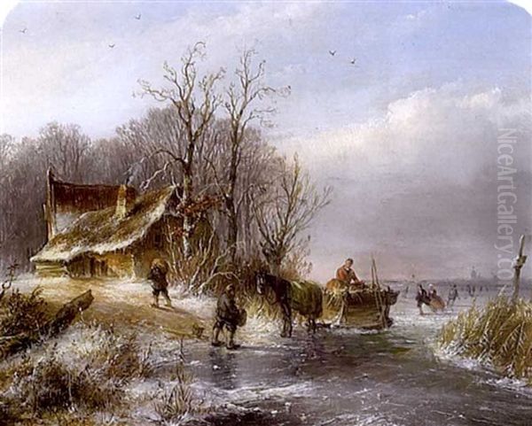 A Winter Landscape With A Horse And Sledge Being Unloaded And Skaters In The Distance Oil Painting by Andreas Schelfhout