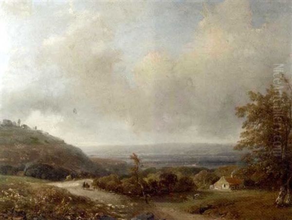 Panoramic Summer Landscape With Travellers Resting On A Path Oil Painting by Andreas Schelfhout