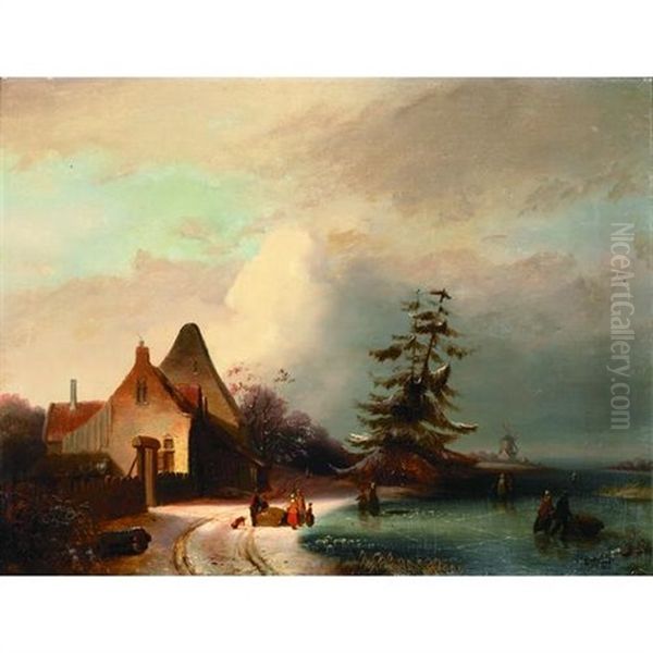 A Winter Landscape With Figures Skating On A Frozen River And A Windmill Beyond Oil Painting by Andreas Schelfhout