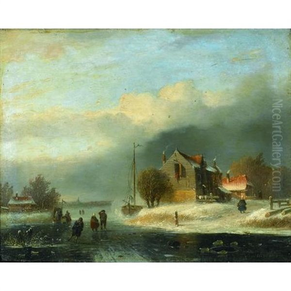 A Winter Landscape With Cottages And A Boat By A Frozen River With Figures Skating In The Foreground Oil Painting by Andreas Schelfhout