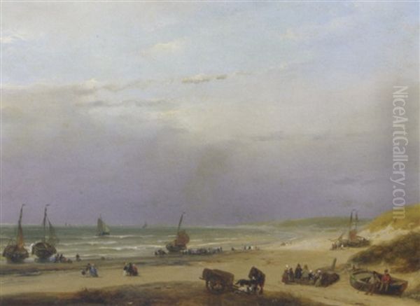 Daily Activities On The Beach Oil Painting by Andreas Schelfhout