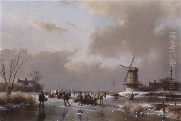 Skaters On A Frozen River Near A Koek En Zopie Oil Painting by Andreas Schelfhout