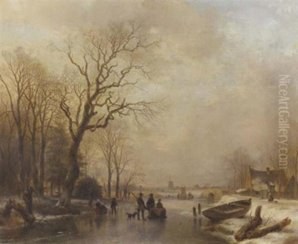 An Extensive Sunlit Winter Landscape With A Huntsman Conversing With Villagers On The Ice Oil Painting by Andreas Schelfhout