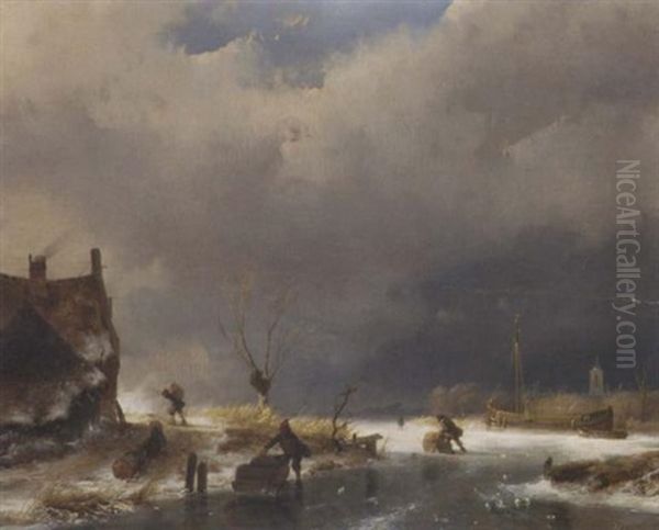 A Winter's Day: Skaters With Sledges On A Frozen Waterway By A Cottage Oil Painting by Andreas Schelfhout