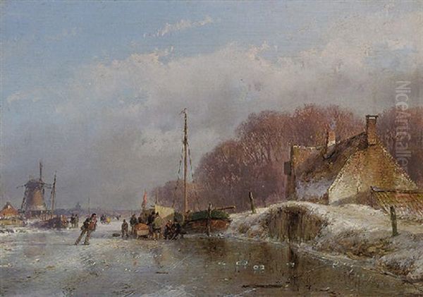 A Winter Landscape With Skaters And A 'koek En Zopie' On A Frozen River Oil Painting by Andreas Schelfhout