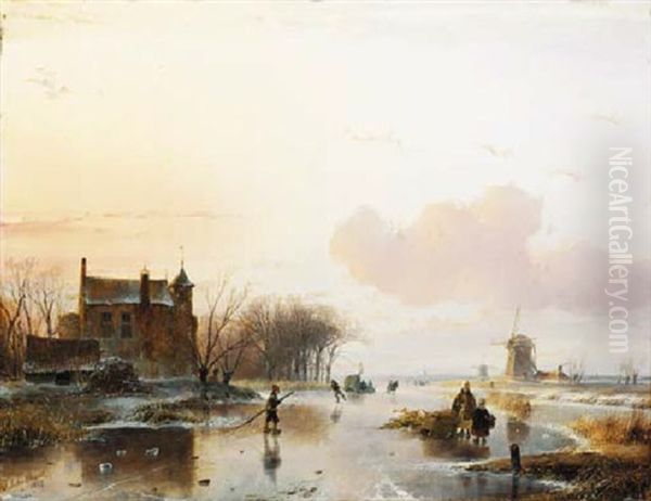 A Frozen Waterway With Figures Gathering Wood By A Mansion Oil Painting by Andreas Schelfhout