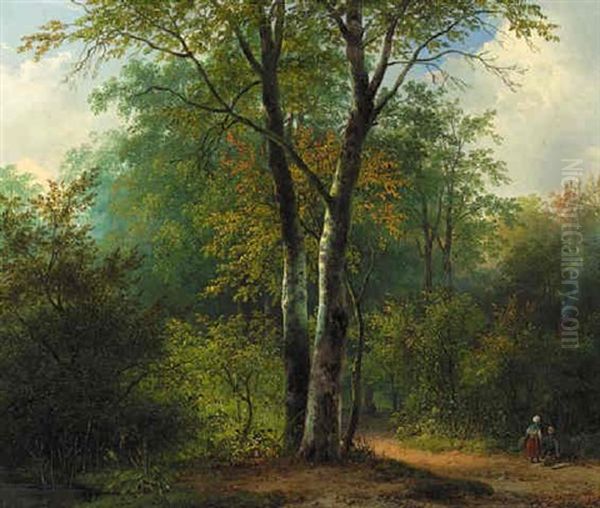 Woodgatherers On A Forest Path In Summer Oil Painting by Andreas Schelfhout