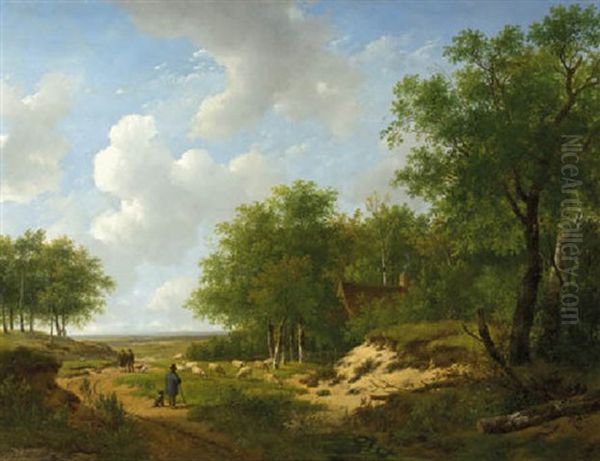 Sportsmen And A Shepherd On A Sandy Track At The Edge Of A Forest Oil Painting by Andreas Schelfhout