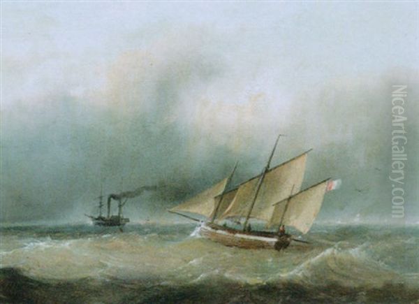 Ships On A Choppy Sea Oil Painting by Andreas Schelfhout