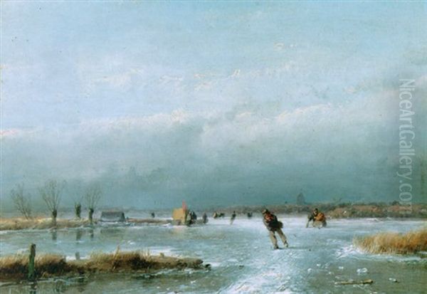 A Winter Landscape With Skaters And A Koek En Zopie On A Frozen River by Andreas Schelfhout